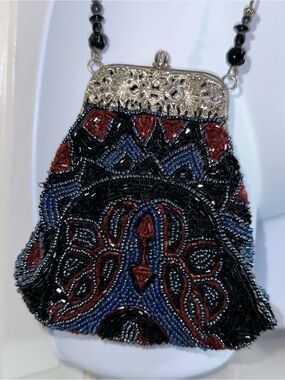 Authentic Christiana Beaded Evening Crossbody Bag in Black, Red & Blue